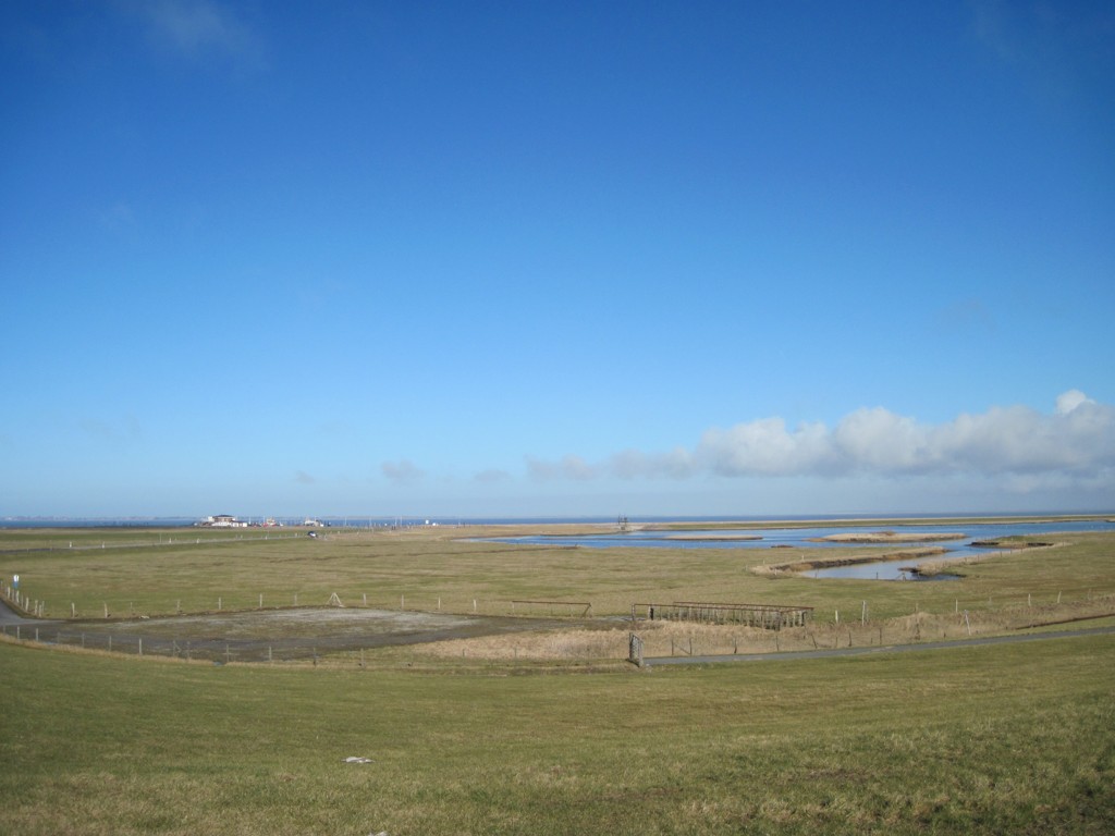 Weiter Blick vom Deich zum Wattenmeer und Hafen